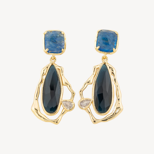 Gold Plated Midnight Blue CZ Crystal Cat's Eye Bronze Stud Earrings
