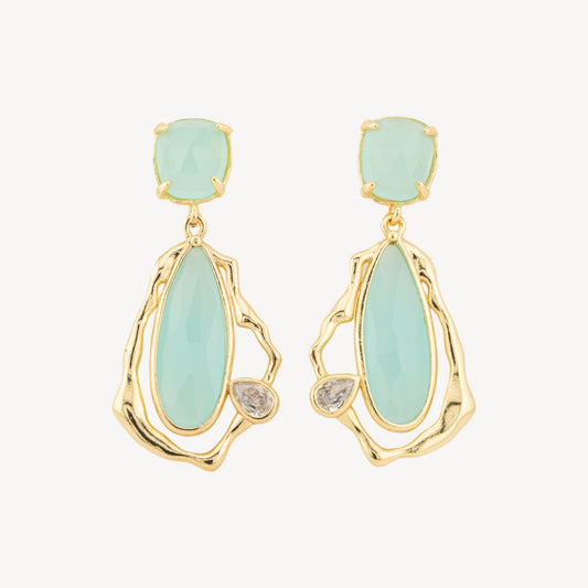 Elegant Bronze Earrings with Gold-Tone Aqua Green Cat's Eye and CZ Crystals