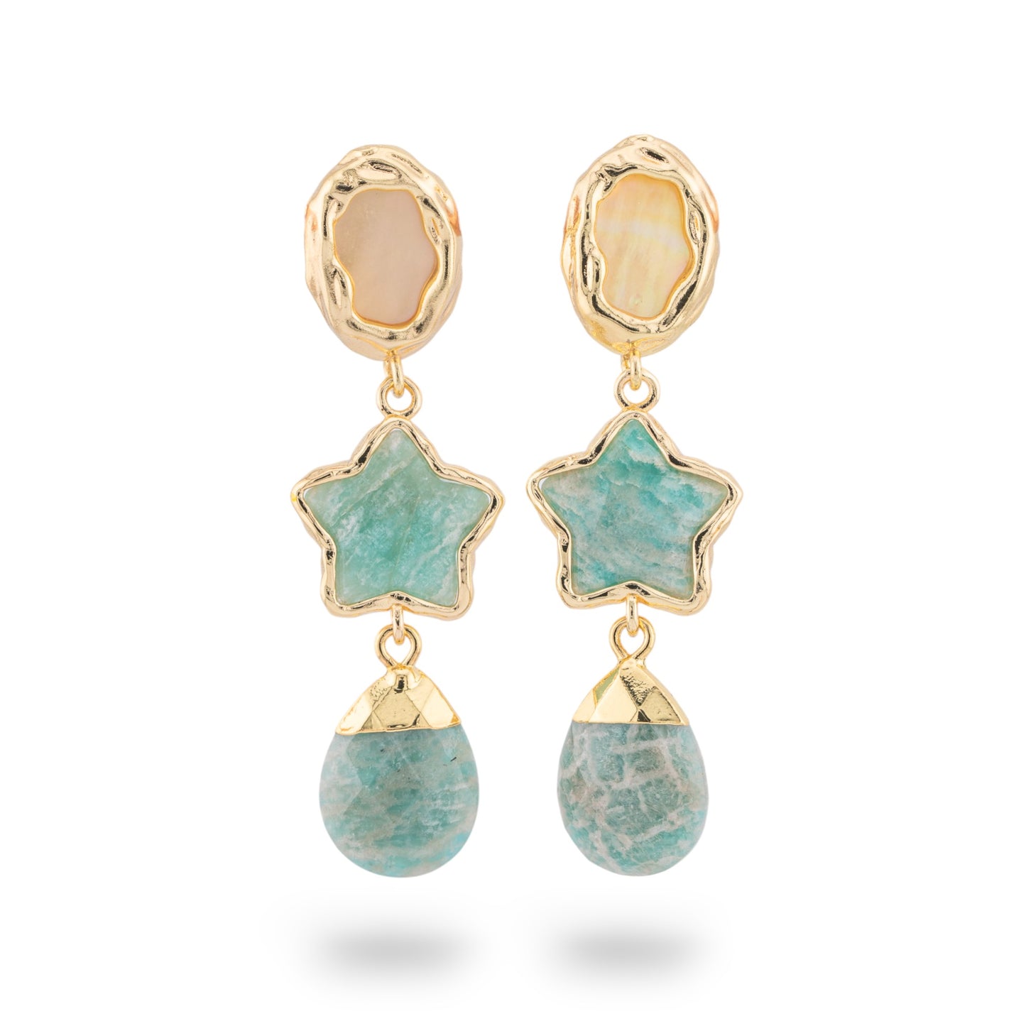 Bronze Stud Earrings With Star Gemstone Element And Golden Amazonite Drop Pendant