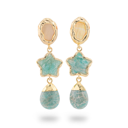 Bronze Stud Earrings With Star Gemstone Element And Golden Amazonite Drop Pendant