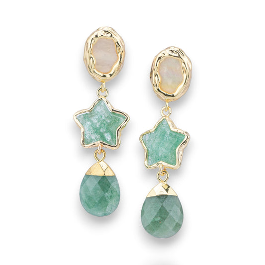 Bronze Stud Earrings With Star Gemstone Element And Golden Drop Pendant Green Aventurine