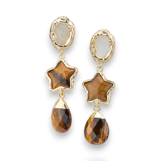 Bronze Stud Earrings With Star Gemstone Element And Golden Tiger Eye Drop Pendant