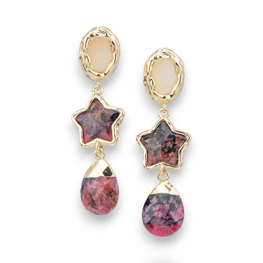 Bronze Stud Earrings With Star Gemstone Element And Golden Rhodonite Drop Pendant