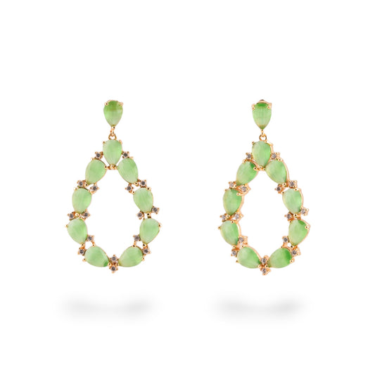 Elegant Light Green Cat Eye Bronze Stud Earrings – Unique Teardrop Design