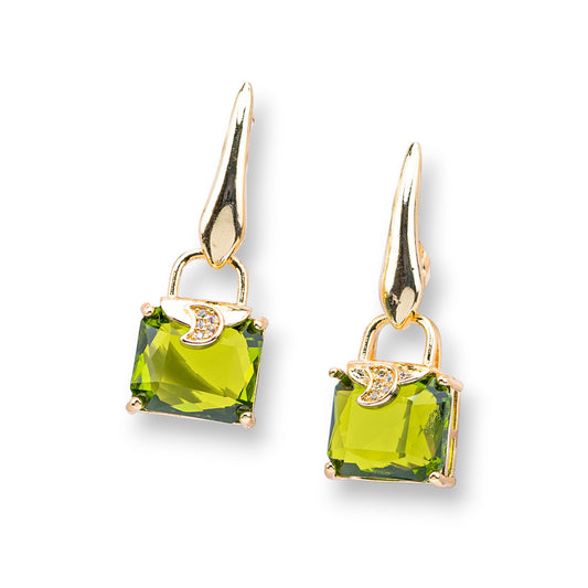 Cat's Eye Bronze Stud Earrings With Cubic Zirconia 14x37mm Gold Peridot