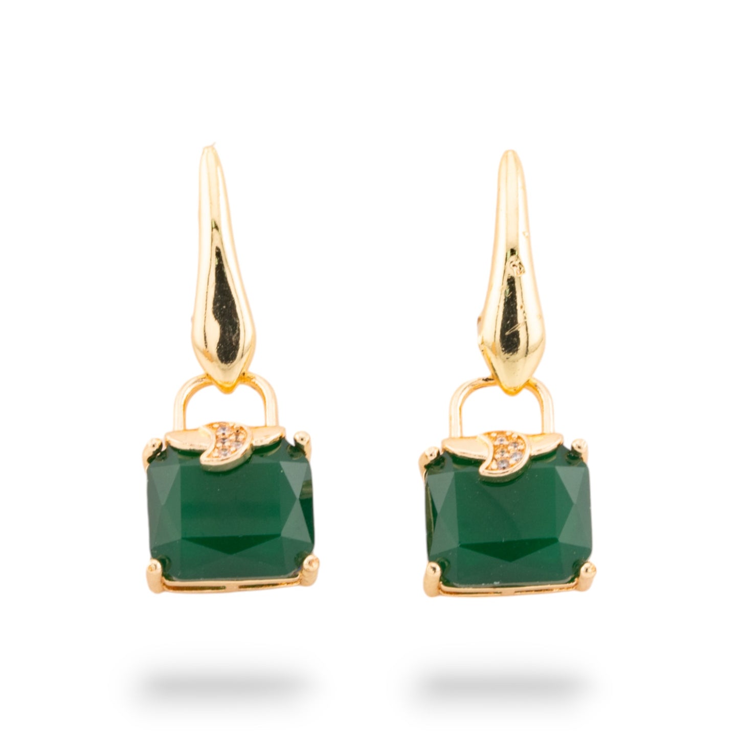 Cat Eye Bronze Stud Earrings With Zirconia 14x37mm Gold Green