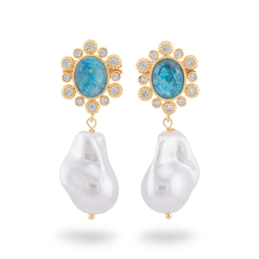 Bronze Stud Earrings With Cat's Eye And Gold Mallorca Drop Aqua