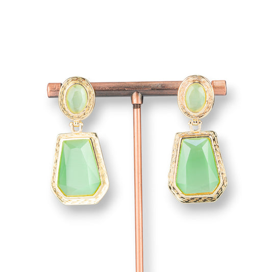 Elegant Gold Plated Bronze Earrings with Light Green Cat's Eye Pendants 20x42mm