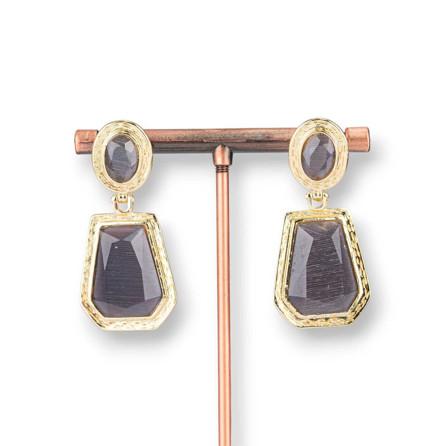 Bronze Stud Earrings With Cat's Eye Pendants 20x42mm Gold Purple