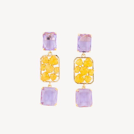 Elegant Lavender and Yellow Cat's Eye Rectangular Pendant Bronze Stud Earrings 18x65mm
