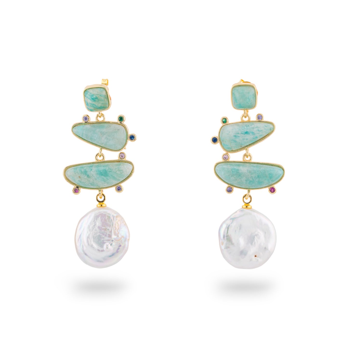 Bronze Stud Earrings With Set Hard Stones And Baroque Pearls Coin 20x50mm Gold Amazonite