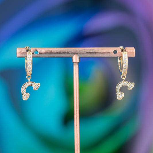 Elegant Bronze Stud Earrings with Rainbow Pendant and Shiny Zircons