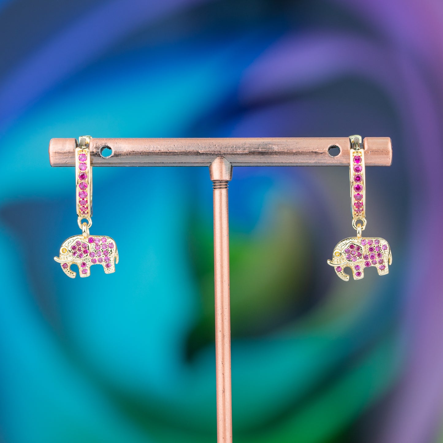 Bronze Stud Earrings with Zircons and Rose Gold Elephant Pendant - Unique Elegance